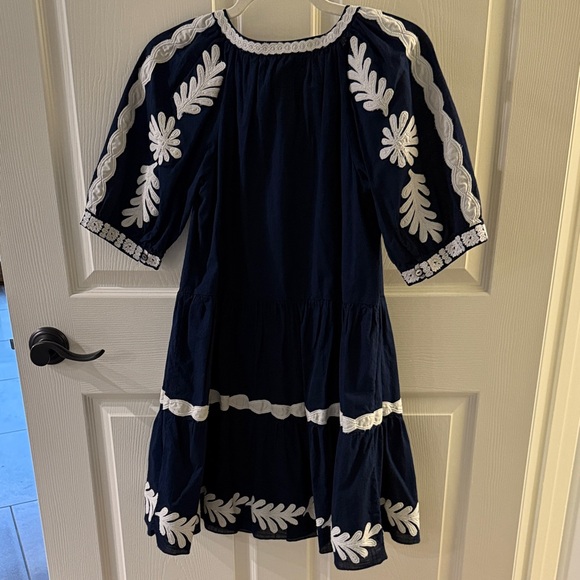 Velvet Navy and White Embroidered Kids Dress - Picture 3 of 3